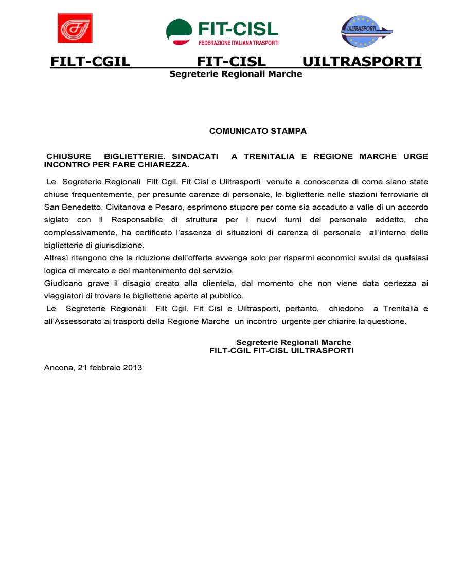 comunicto unitario chiusura biglietterie trenitalia