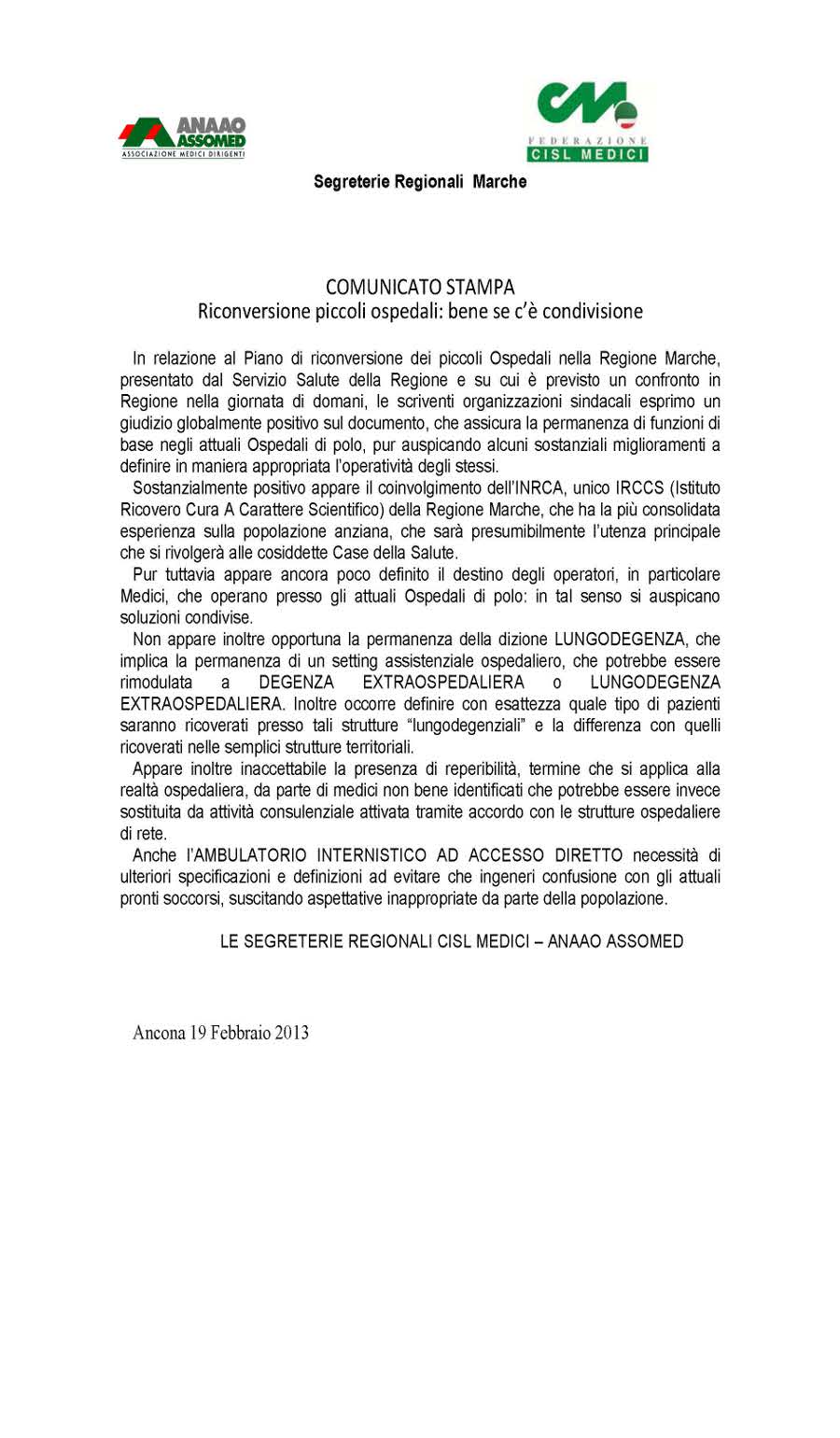 comunicato stampa ANAAO-CISL 19 febbraio